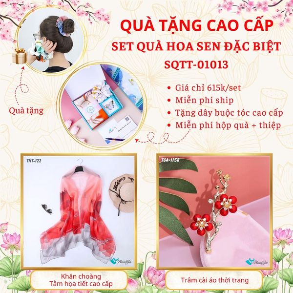 Quà Tặng Cao Cấp - Set Quà Tặng Khăn Choàng Và Ghim Cài Áo Chủ Đề Hoa Sen Đặc Biệt (SQTT01013)