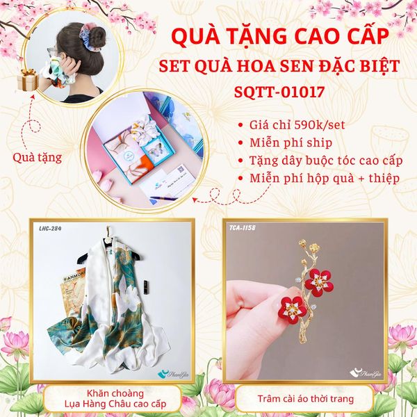 Quà Tặng Cao Cấp - Set Quà Tặng Khăn Choàng Và Ghim Cài Áo Chủ Đề Hoa Sen Đặc Biệt (SQTT01017)
