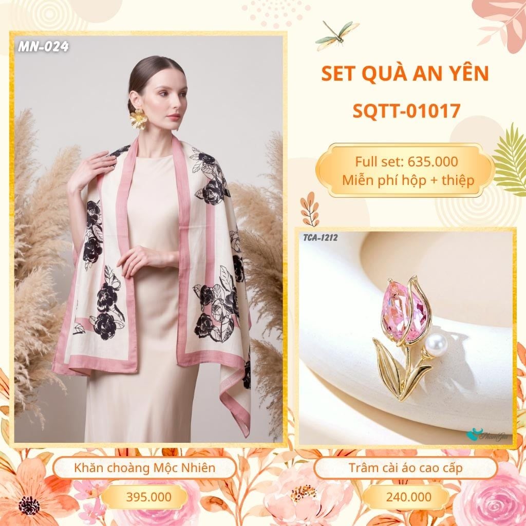 Set Quà Tặng Khăn Choàng Choàng Linen Và Trâm Cài Áo An Yên (SQTT01017)