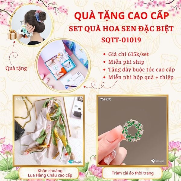 Quà Tặng Cao Cấp - Set Quà Tặng Khăn Choàng Và Ghim Cài Áo Chủ Đề Hoa Sen Đặc Biệt (SQTT01019)