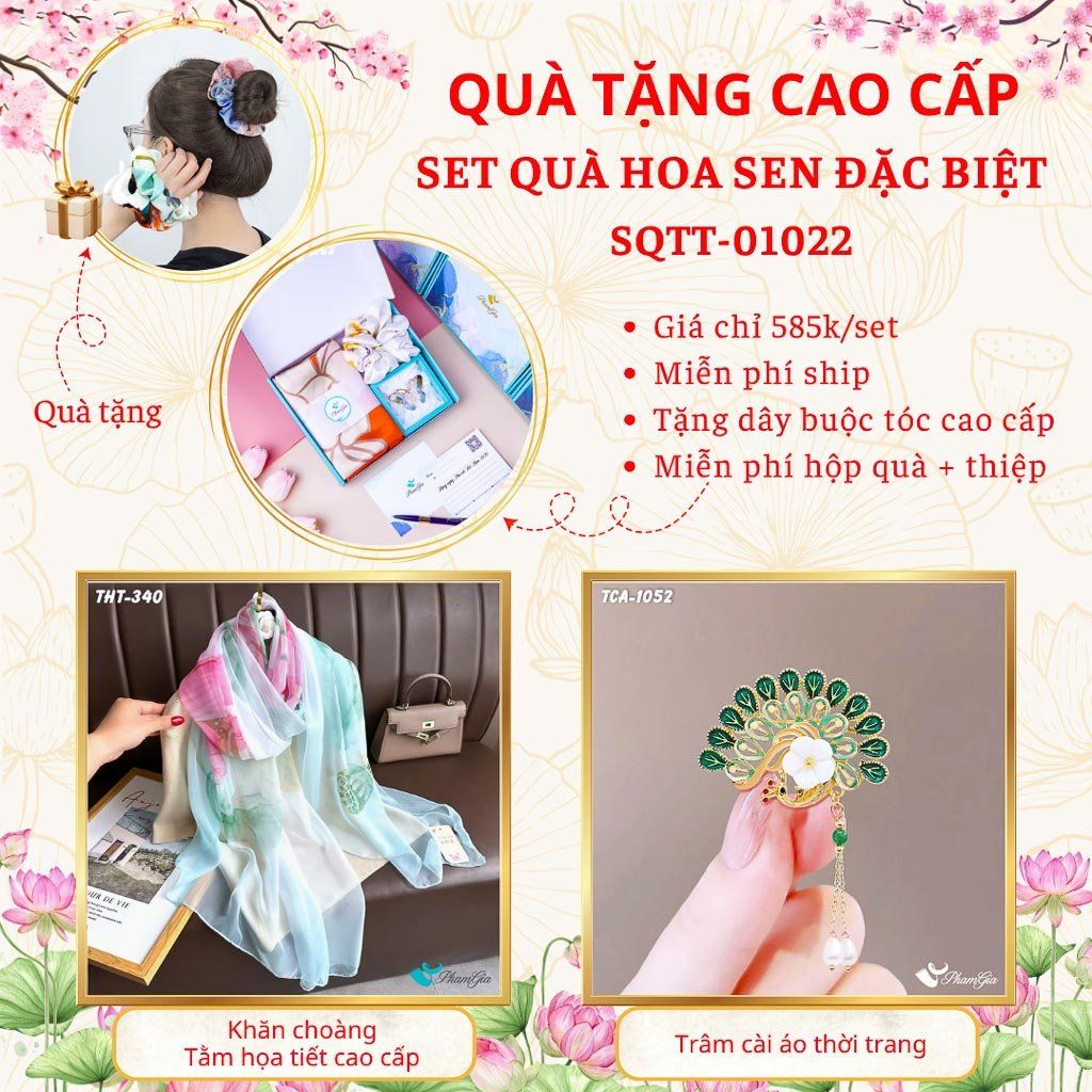 Quà Tặng Cao Cấp - Set Quà Tặng Khăn Choàng Và Ghim Cài Áo Chủ Đề Hoa Sen Đặc Biệt (SQTT01022)