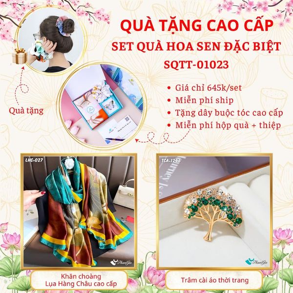 Quà Tặng Cao Cấp - Set Quà Tặng Khăn Choàng Và Ghim Cài Áo Chủ Đề Hoa Sen Đặc Biệt (SQTT01023)