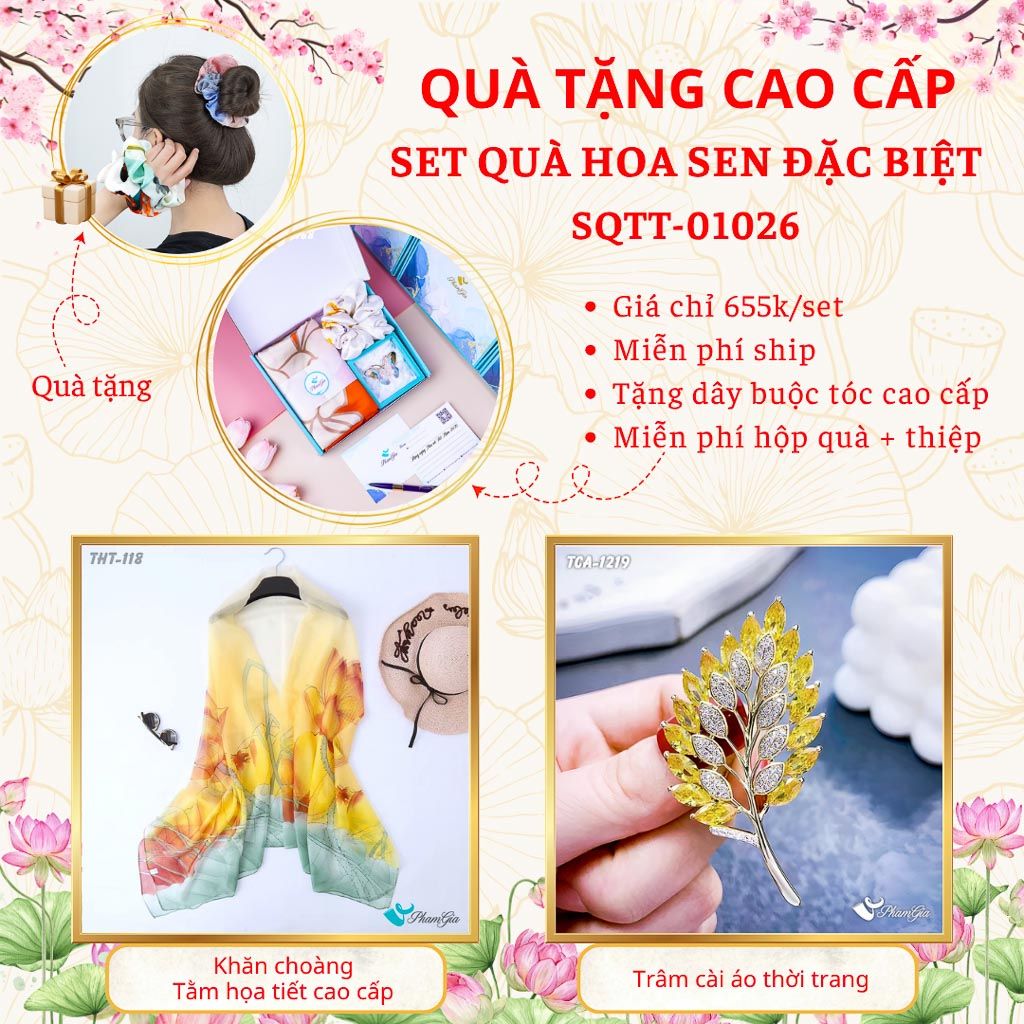 Quà Tặng Cao Cấp - Set Quà Tặng Khăn Choàng Và Ghim Cài Áo Chủ Đề Hoa Sen Đặc Biệt (SQTT01026)