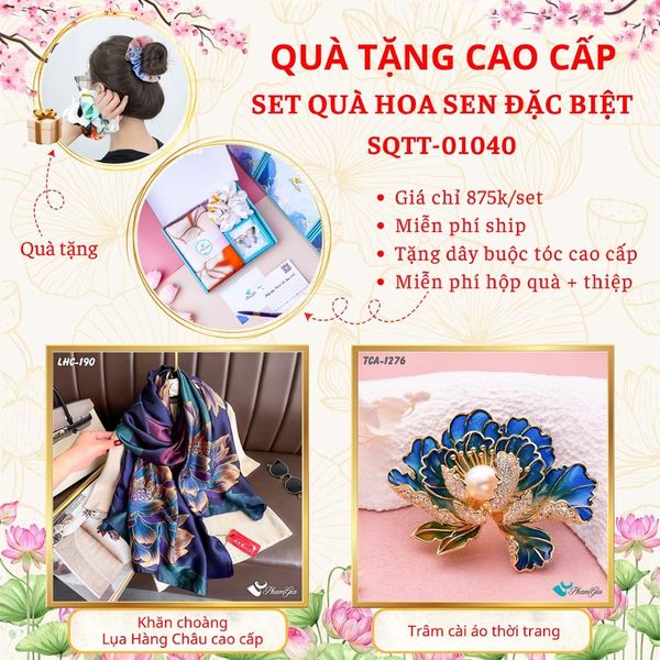 Quà Tặng Cao Cấp - Set Quà Tặng Khăn Choàng Và Ghim Cài Áo Chủ Đề Hoa Sen Đặc Biệt (SQTT01040)