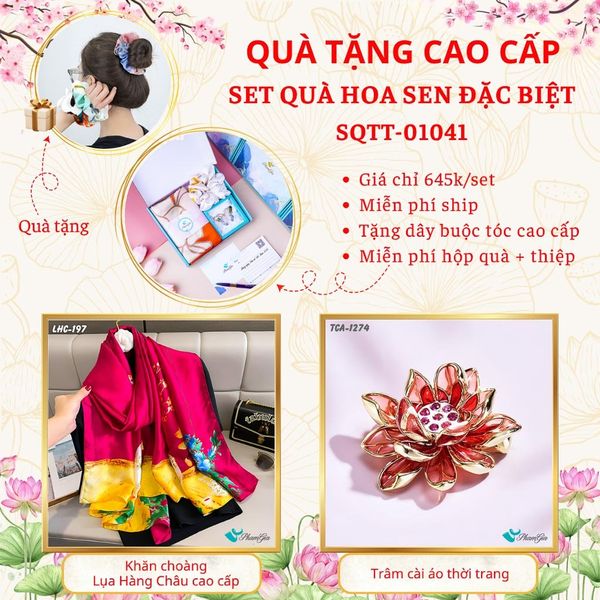 Quà Tặng Cao Cấp - Set Quà Tặng Khăn Choàng Và Ghim Cài Áo Chủ Đề Hoa Sen Đặc Biệt (SQTT01041)