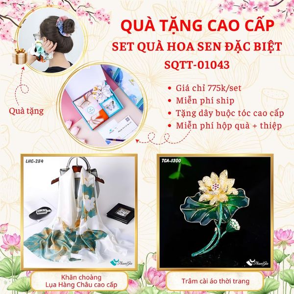 Quà Tặng Cao Cấp - Set Quà Tặng Khăn Choàng Và Ghim Cài Áo Chủ Đề Hoa Sen Đặc Biệt (SQTT01043)