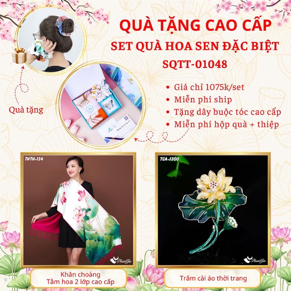 Quà Tặng Cao Cấp - Set Quà Tặng Khăn Choàng Và Ghim Cài Áo Chủ Đề Hoa Sen Đặc Biệt (SQTT01048)