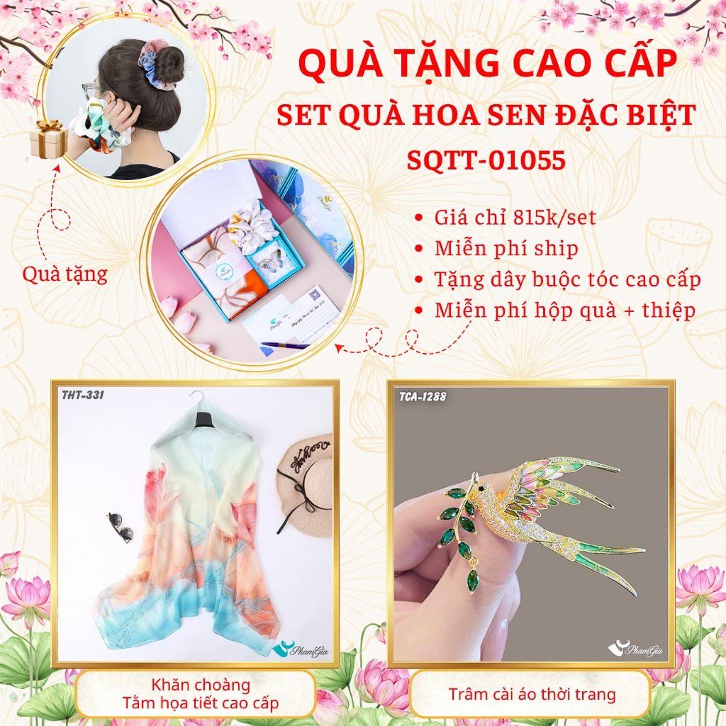 Quà Tặng Cao Cấp - Set Quà Tặng Khăn Choàng Và Ghim Cài Áo Chủ Đề Hoa Sen Đặc Biệt (SQTT01055)