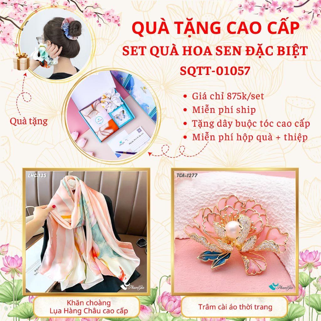 Quà Tặng Cao Cấp - Set Quà Tặng Khăn Choàng Và Ghim Cài Áo Chủ Đề Hoa Sen Đặc Biệt (SQTT01057)