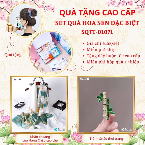 Quà Tặng Cao Cấp - Set Quà Tặng Khăn Choàng Và Ghim Cài Áo Chủ Đề Hoa Sen Đặc Biệt (SQTT01071)