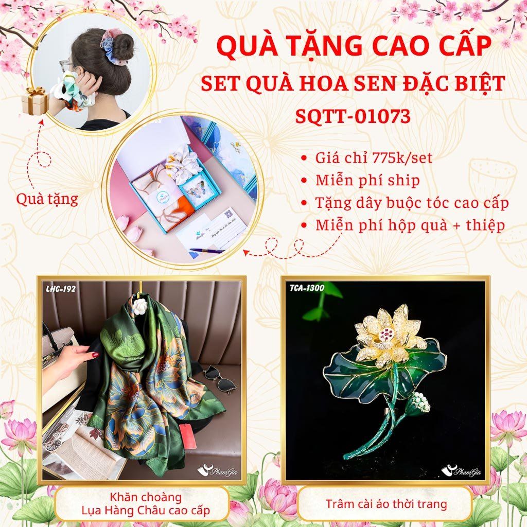 Quà Tặng Cao Cấp - Set Quà Tặng Khăn Choàng Và Ghim Cài Áo Chủ Đề Hoa Sen Đặc Biệt (SQTT01073)