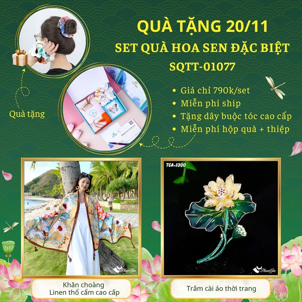 Set Quà Tặng Khăn Choàng Và Ghim Cài Áo Chủ Đề Hoa Sen Đặc Biệt (SQTT01077)