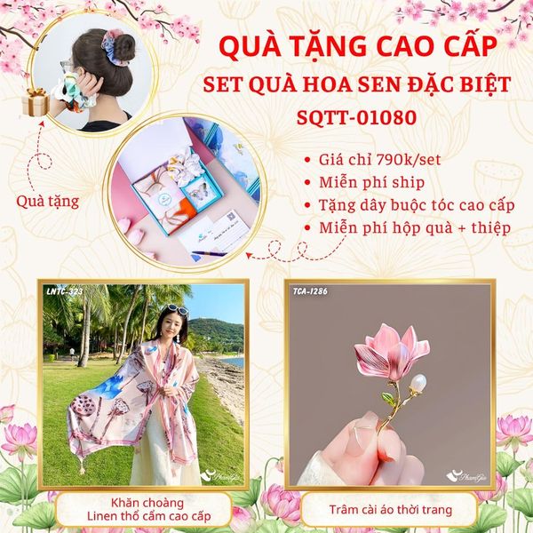 Quà Tặng Cao Cấp - Set Quà Tặng Khăn Choàng Và Ghim Cài Áo Chủ Đề Hoa Sen Đặc Biệt (SQTT01080)