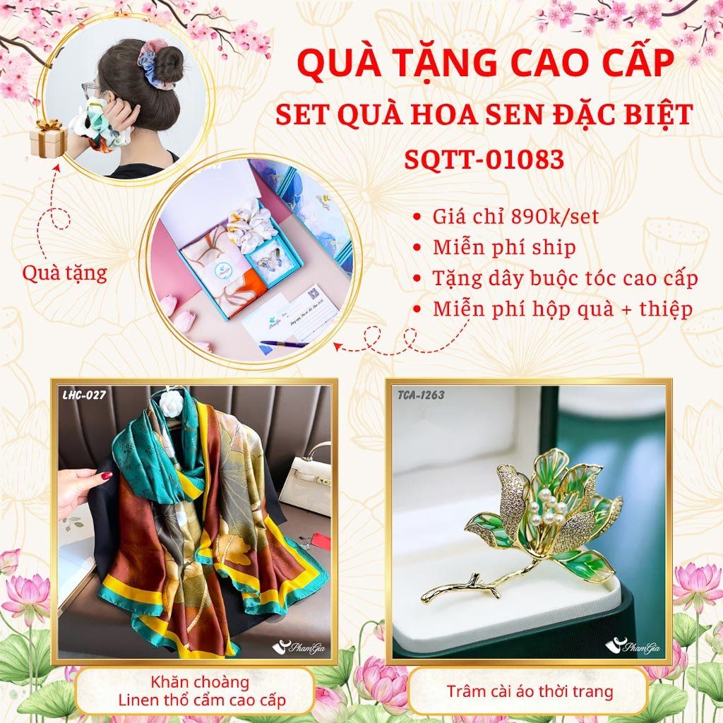 Quà Tặng Cao Cấp - Set Quà Tặng Khăn Choàng Và Ghim Cài Áo Chủ Đề Hoa Sen Đặc Biệt (SQTT01083)