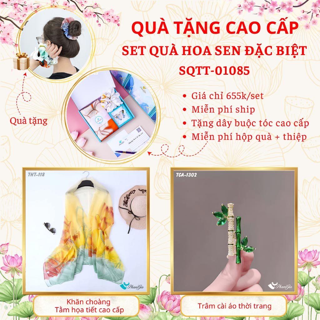 Quà Tặng Cao Cấp - Set Quà Tặng Khăn Choàng Và Ghim Cài Áo Chủ Đề Hoa Sen Đặc Biệt (SQTT01085)