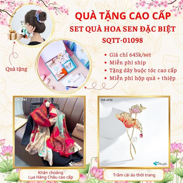 Quà Tặng Cao Cấp - Set Quà Tặng Khăn Choàng Và Ghim Cài Áo Chủ Đề Hoa Sen Đặc Biệt (SQTT01098)