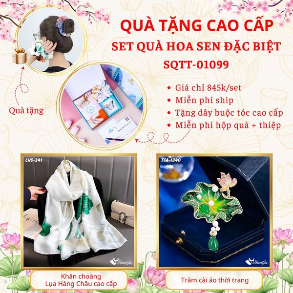 Quà Tặng Cao Cấp - Set Quà Tặng Khăn Choàng Và Ghim Cài Áo Chủ Đề Hoa Sen Đặc Biệt (SQTT01099)