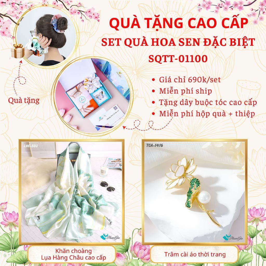 Quà Tặng Cao Cấp - Set Quà Tặng Khăn Choàng Và Ghim Cài Áo Chủ Đề Hoa Sen Đặc Biệt (SQTT01100)