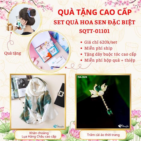 Quà Tặng Cao Cấp - Set Quà Tặng Khăn Choàng Và Ghim Cài Áo Chủ Đề Hoa Sen Đặc Biệt (SQTT01101)
