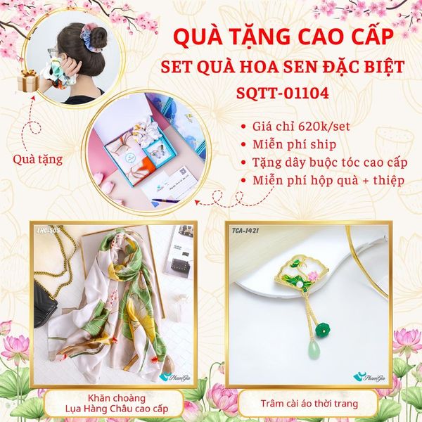 Quà Tặng Cao Cấp - Set Quà Tặng Khăn Choàng Và Ghim Cài Áo Chủ Đề Hoa Sen Đặc Biệt (SQTT01104)