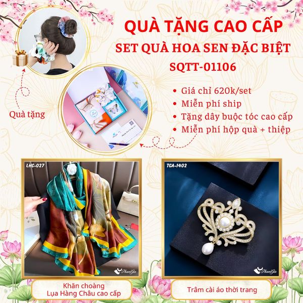 Quà Tặng Cao Cấp - Set Quà Tặng Khăn Choàng Và Ghim Cài Áo Chủ Đề Hoa Sen Đặc Biệt (SQTT01106)