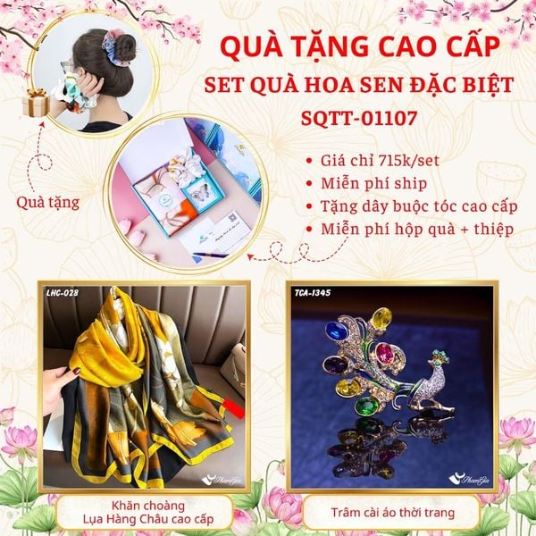 Quà Tặng Cao Cấp - Set Quà Tặng Khăn Choàng Và Ghim Cài Áo Chủ Đề Hoa Sen Đặc Biệt (SQTT01107)