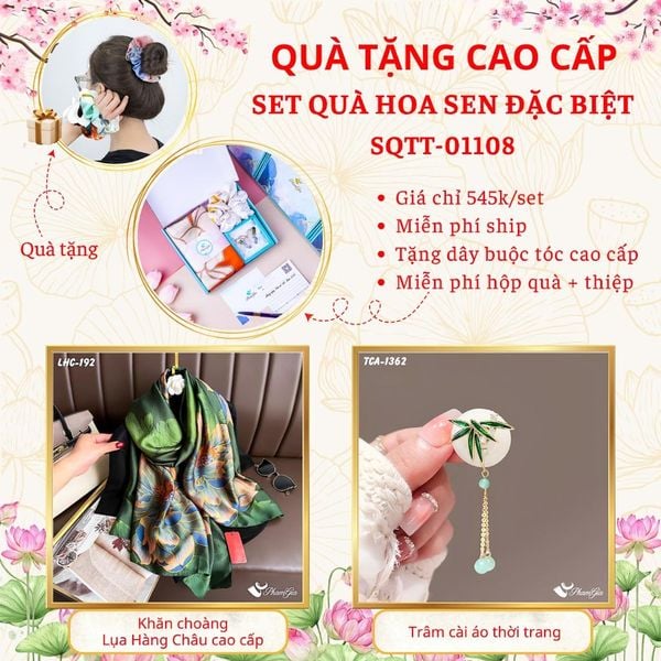 Quà Tặng Cao Cấp - Set Quà Tặng Khăn Choàng Và Ghim Cài Áo Chủ Đề Hoa Sen Đặc Biệt (SQTT01108)