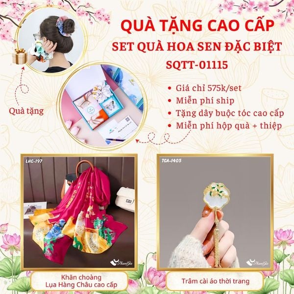 Quà Tặng Cao Cấp - Set Quà Tặng Khăn Choàng Và Ghim Cài Áo Chủ Đề Hoa Sen Đặc Biệt (SQTT01115)