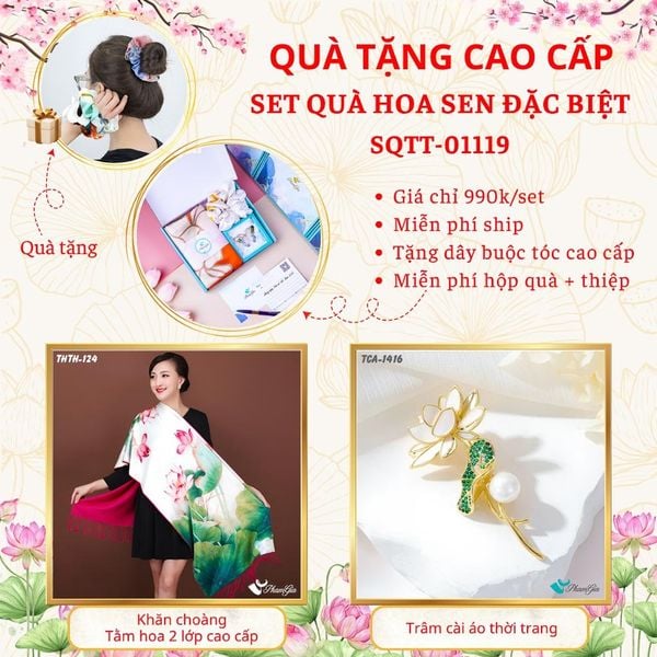 Quà Tặng Cao Cấp - Set Quà Tặng Khăn Choàng Và Ghim Cài Áo Chủ Đề Hoa Sen Đặc Biệt (SQTT01119)