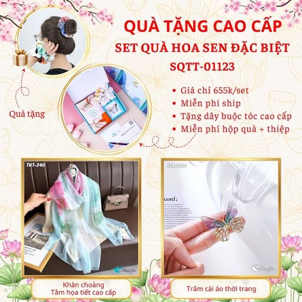 Quà Tặng Cao Cấp - Set Quà Tặng Khăn Choàng Và Ghim Cài Áo Chủ Đề Hoa Sen Đặc Biệt (SQTT01123)