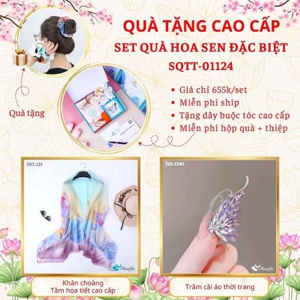 Quà Tặng Cao Cấp - Set Quà Tặng Khăn Choàng Và Ghim Cài Áo Chủ Đề Hoa Sen Đặc Biệt (SQTT01124)