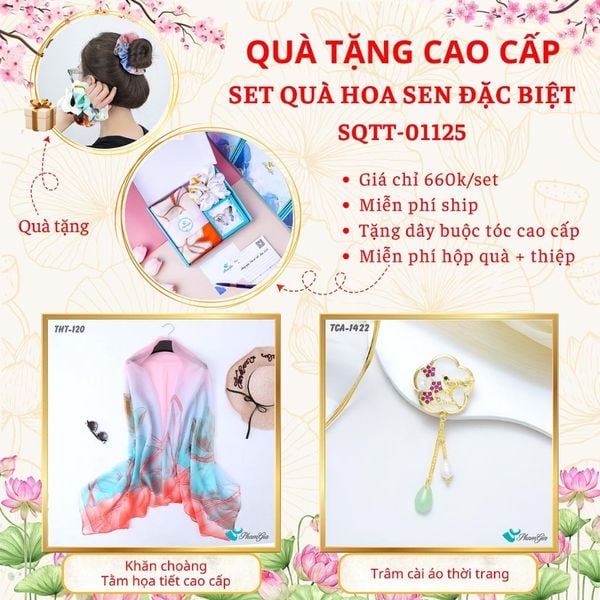 Quà Tặng Cao Cấp - Set Quà Tặng Khăn Choàng Và Ghim Cài Áo Chủ Đề Hoa Sen Đặc Biệt (SQTT01125)