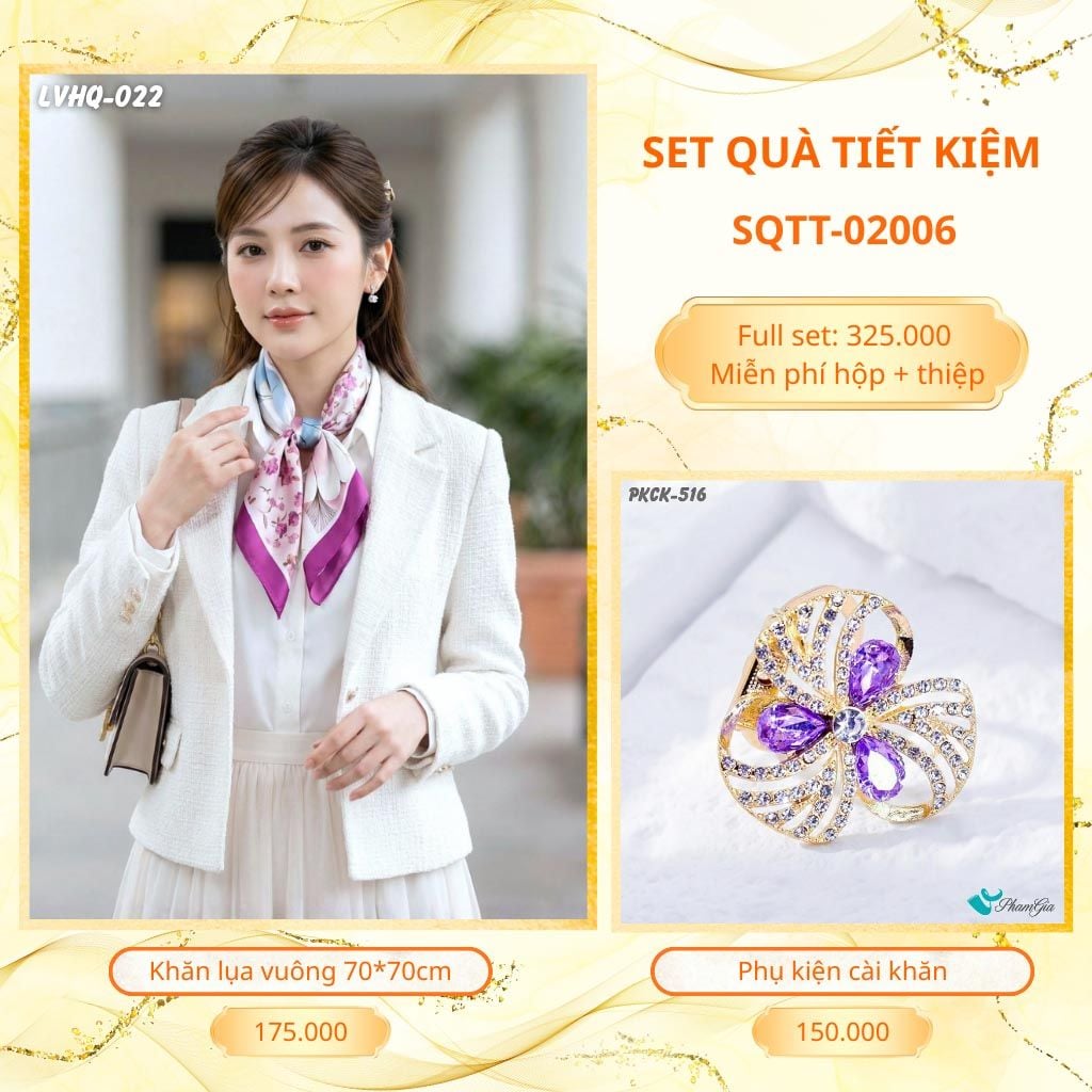 Set Quà Tặng Khăn Lụa Vuông 70*70cm Và Phụ Kiện Cài Khăn Tiết Kiệm (SQTT02006)