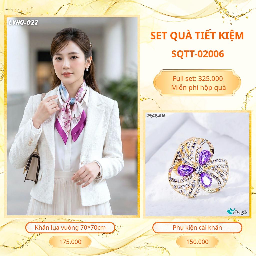 Set Quà Tặng Khăn Lụa Vuông 70*70cm Và Phụ Kiện Cài Khăn Tiết Kiệm (SQTT02006)