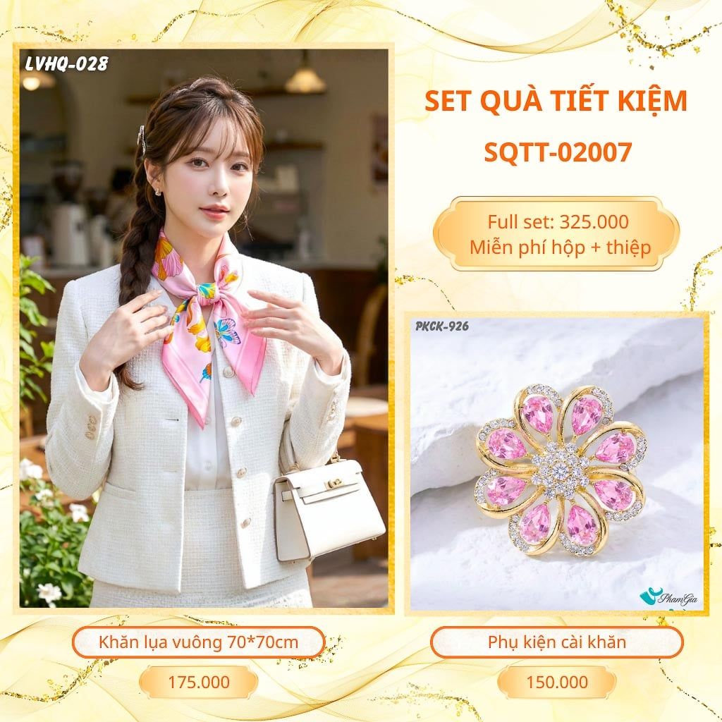 Set Quà Tặng Khăn Lụa Vuông 70*70cm Và Phụ Kiện Cài Khăn Tiết Kiệm (SQTT02007)