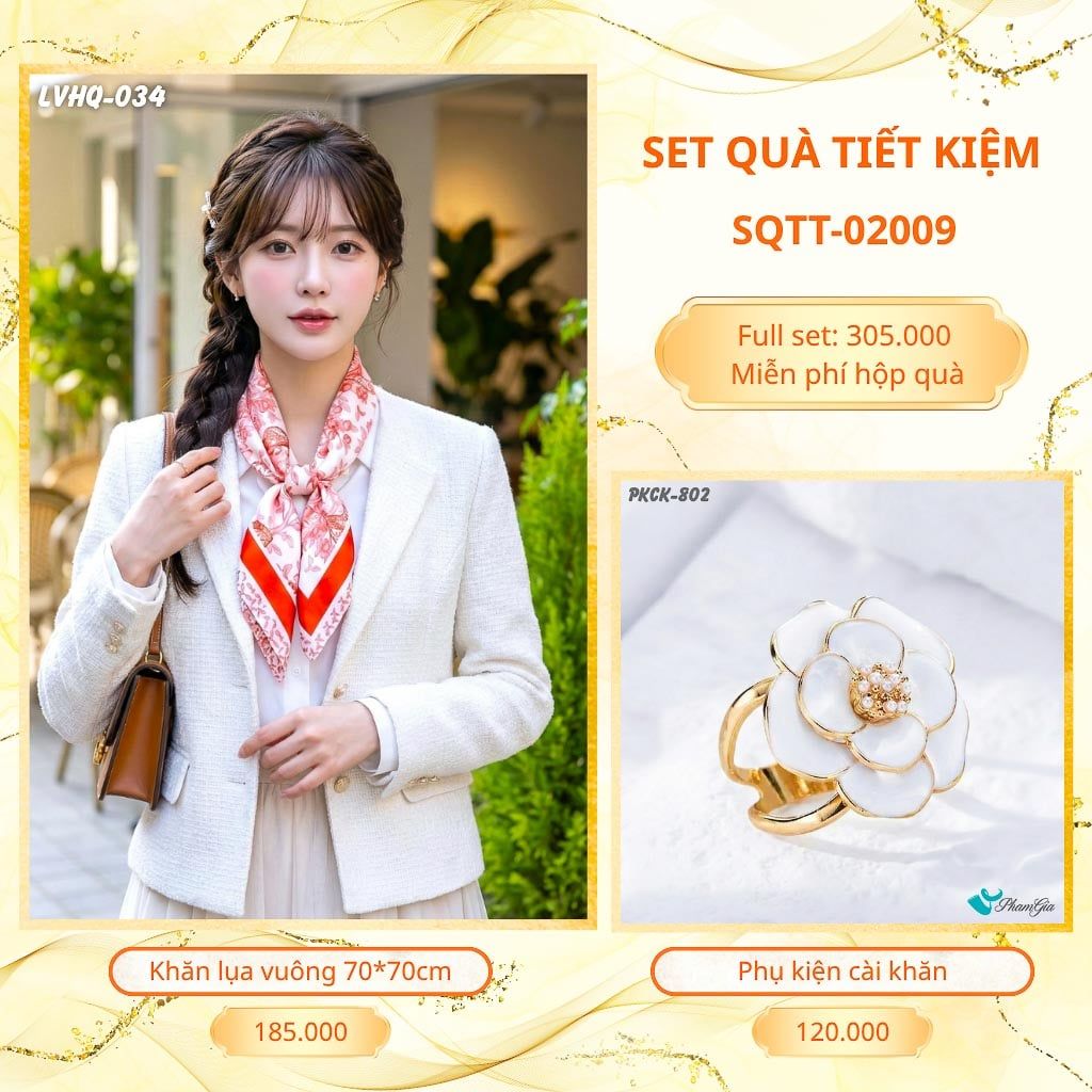 Set Quà Tặng Khăn Lụa Vuông 70*70cm Và Phụ Kiện Cài Khăn Tiết Kiệm (SQTT02009)