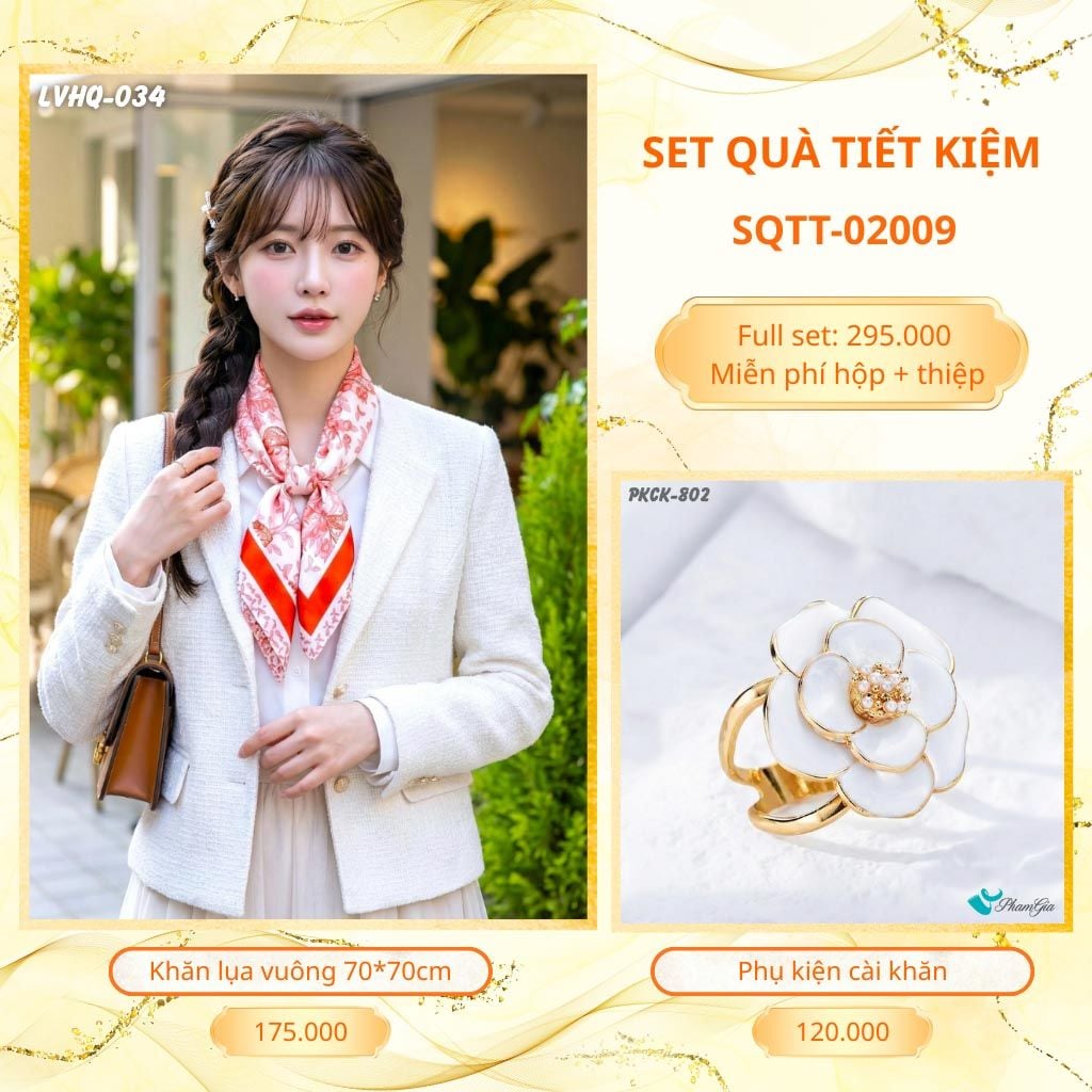 Set Quà Tặng Khăn Lụa Vuông 70*70cm Và Phụ Kiện Cài Khăn Tiết Kiệm (SQTT02009)