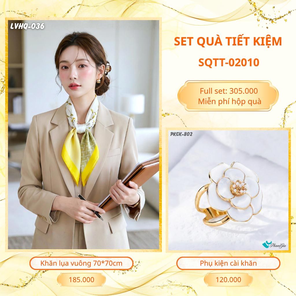 Set Quà Tặng Khăn Lụa Vuông 70*70cm Và Phụ Kiện Cài Khăn Tiết Kiệm (SQTT02010)