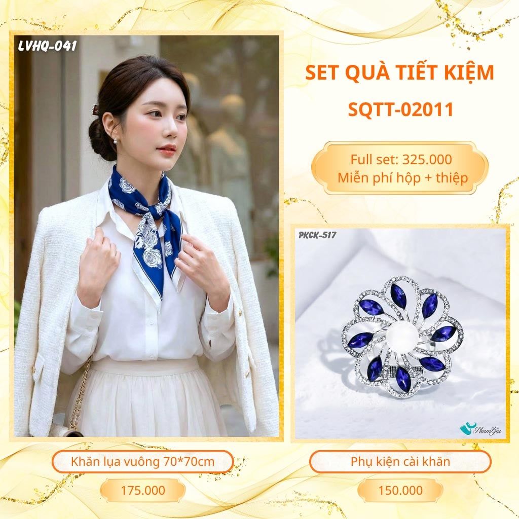Set Quà Tặng Khăn Lụa Vuông 70*70cm Và Phụ Kiện Cài Khăn Tiết Kiệm (SQTT02011)