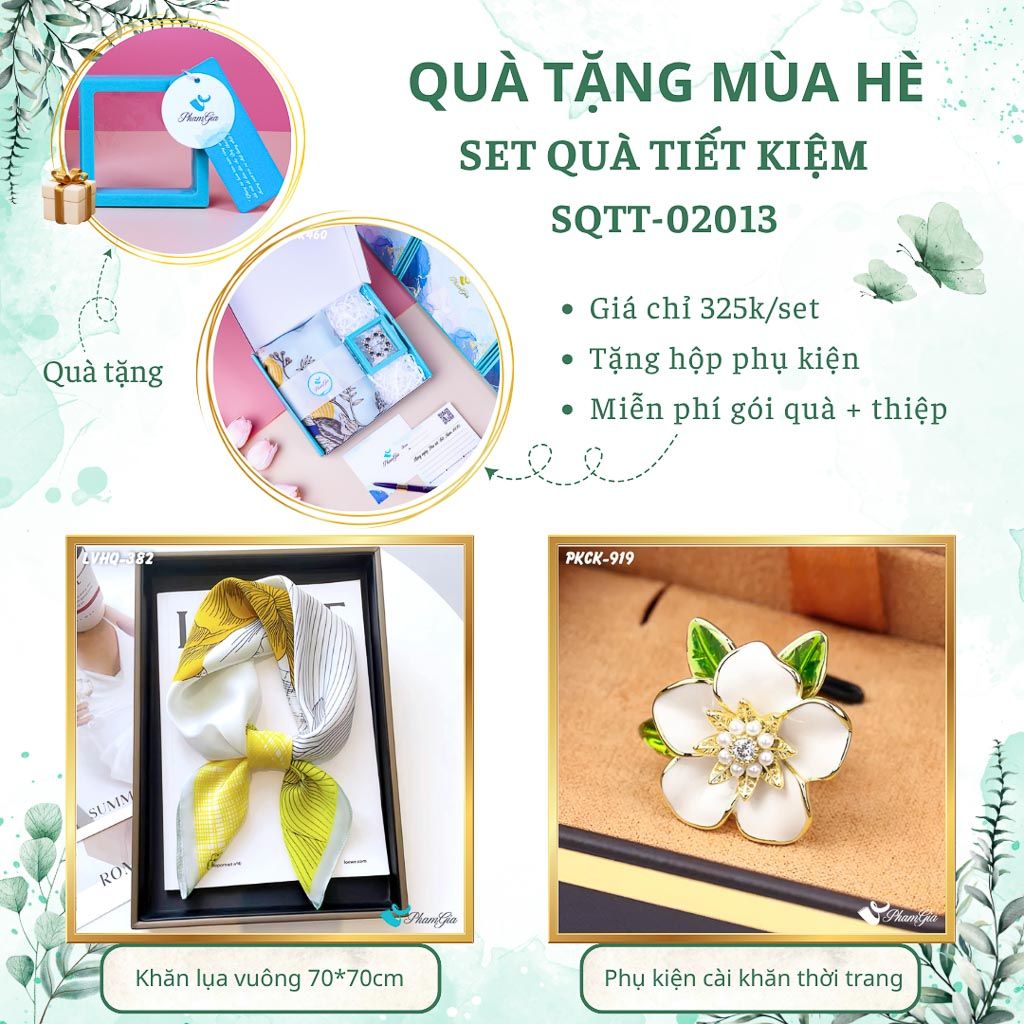 Quà Tặng Mùa Hè - Set Quà Tặng Khăn Lụa Vuông 70*70cm Và Phụ Kiện Cài Khăn Tiết Kiệm (SQTT02013)