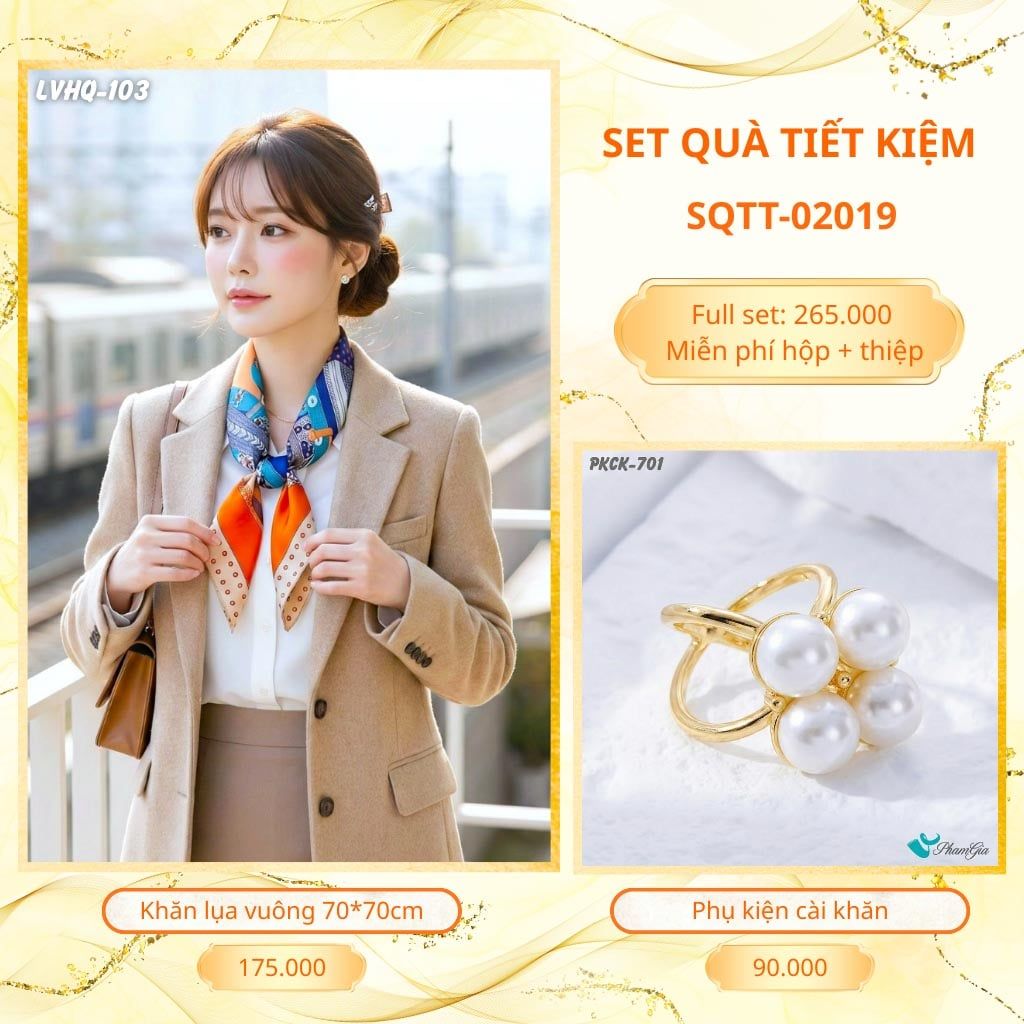 Set Quà Tặng Khăn Lụa Vuông 70*70cm Và Phụ Kiện Cài Khăn Tiết Kiệm (SQTT02019)