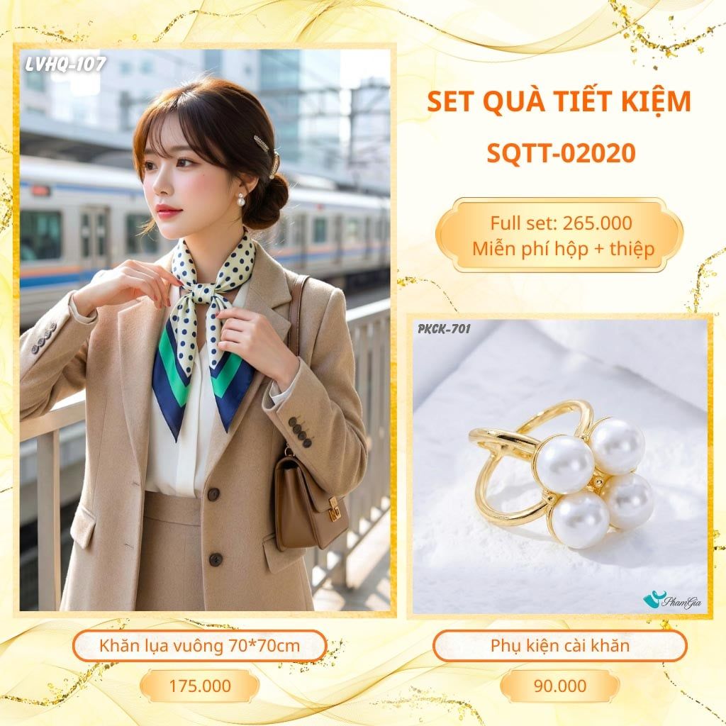 Set Quà Tặng Khăn Lụa Vuông 70*70cm Và Phụ Kiện Cài Khăn Tiết Kiệm (SQTT02020)