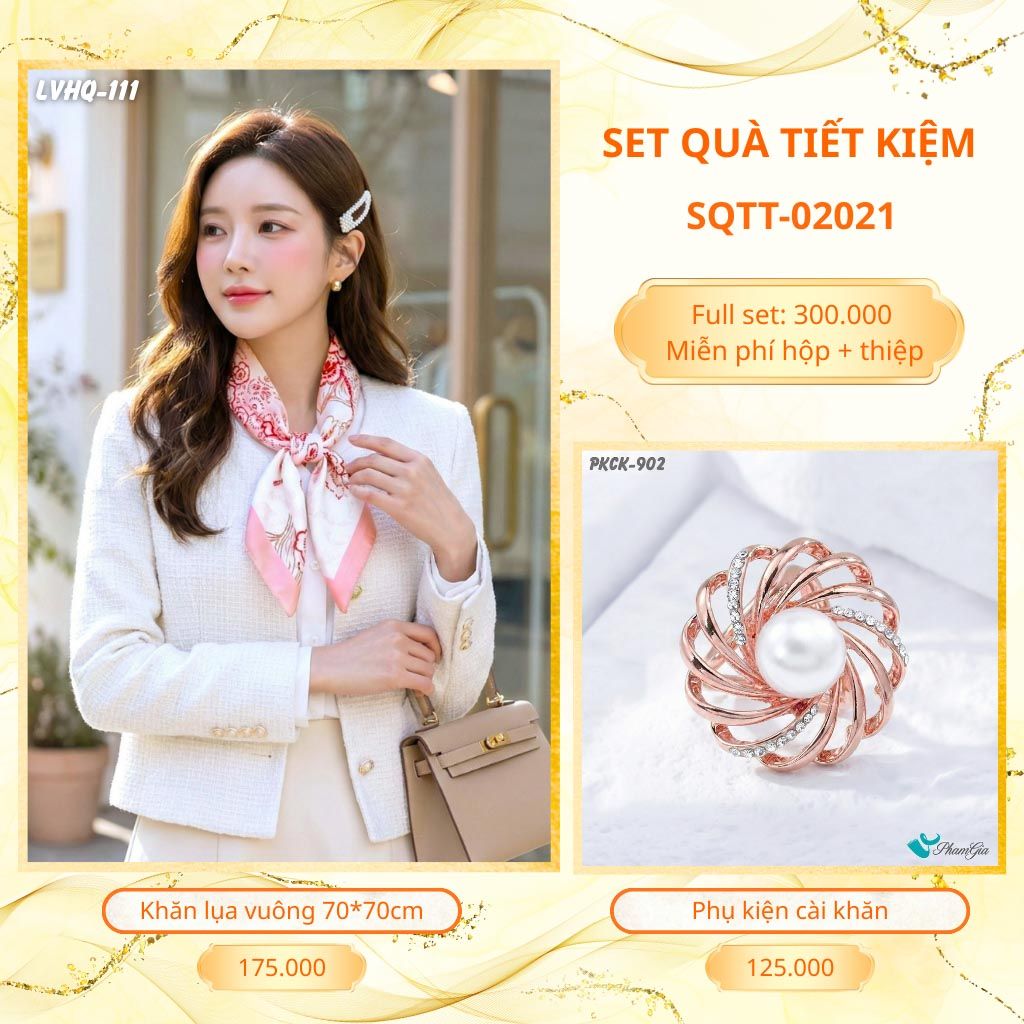 Set Quà Tặng Khăn Lụa Vuông 70*70cm Và Phụ Kiện Cài Khăn Tiết Kiệm (SQTT02021)