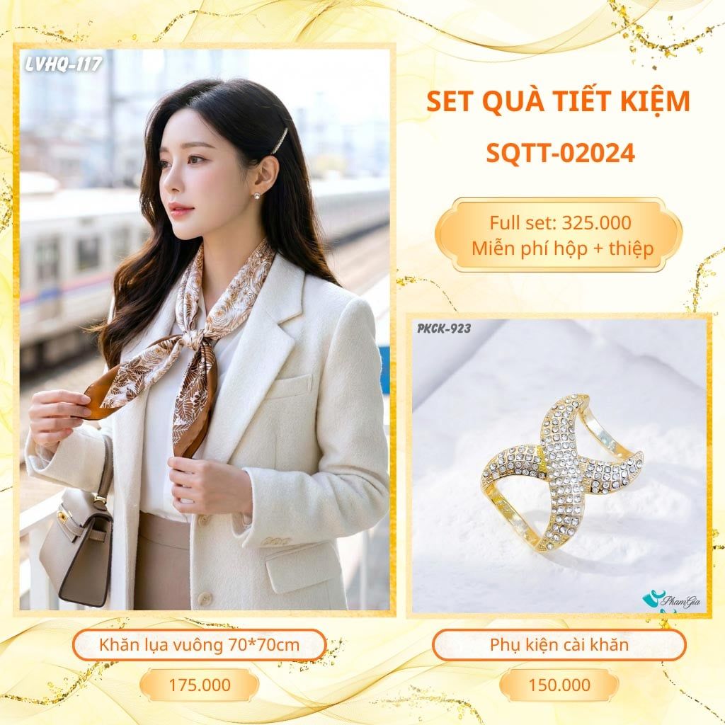 Set Quà Tặng Khăn Lụa Vuông 70*70cm Và Phụ Kiện Cài Khăn Tiết Kiệm (SQTT02024)