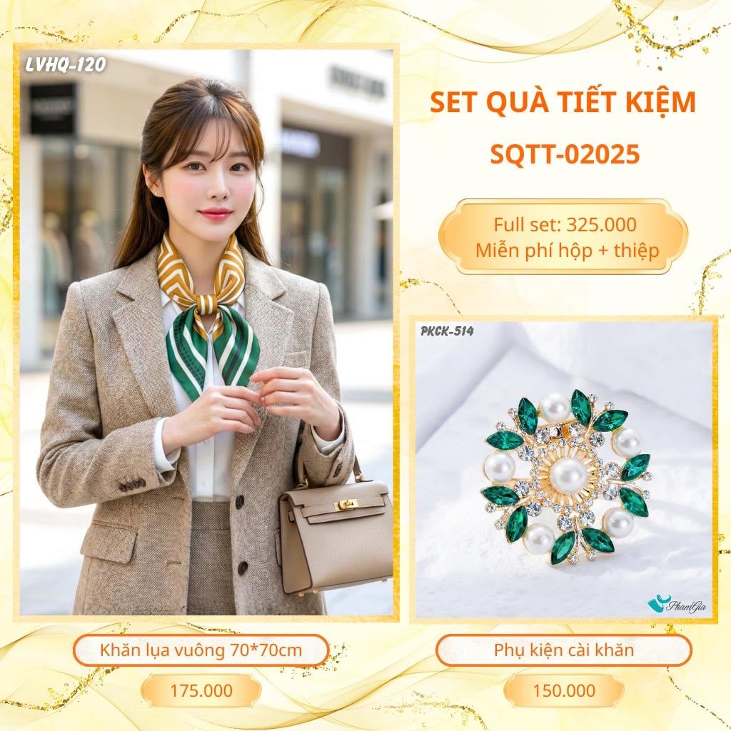 Set Quà Tặng Khăn Lụa Vuông 70*70cm Và Phụ Kiện Cài Khăn Tiết Kiệm (SQTT02025)