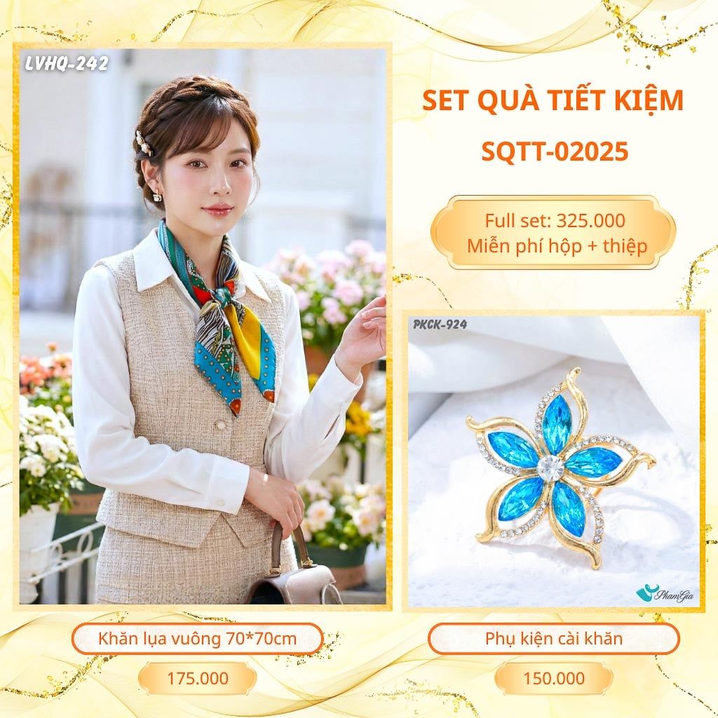 Set Quà Tặng Khăn Lụa Vuông 70*70cm Và Phụ Kiện Cài Khăn Tiết Kiệm (SQTT02037)