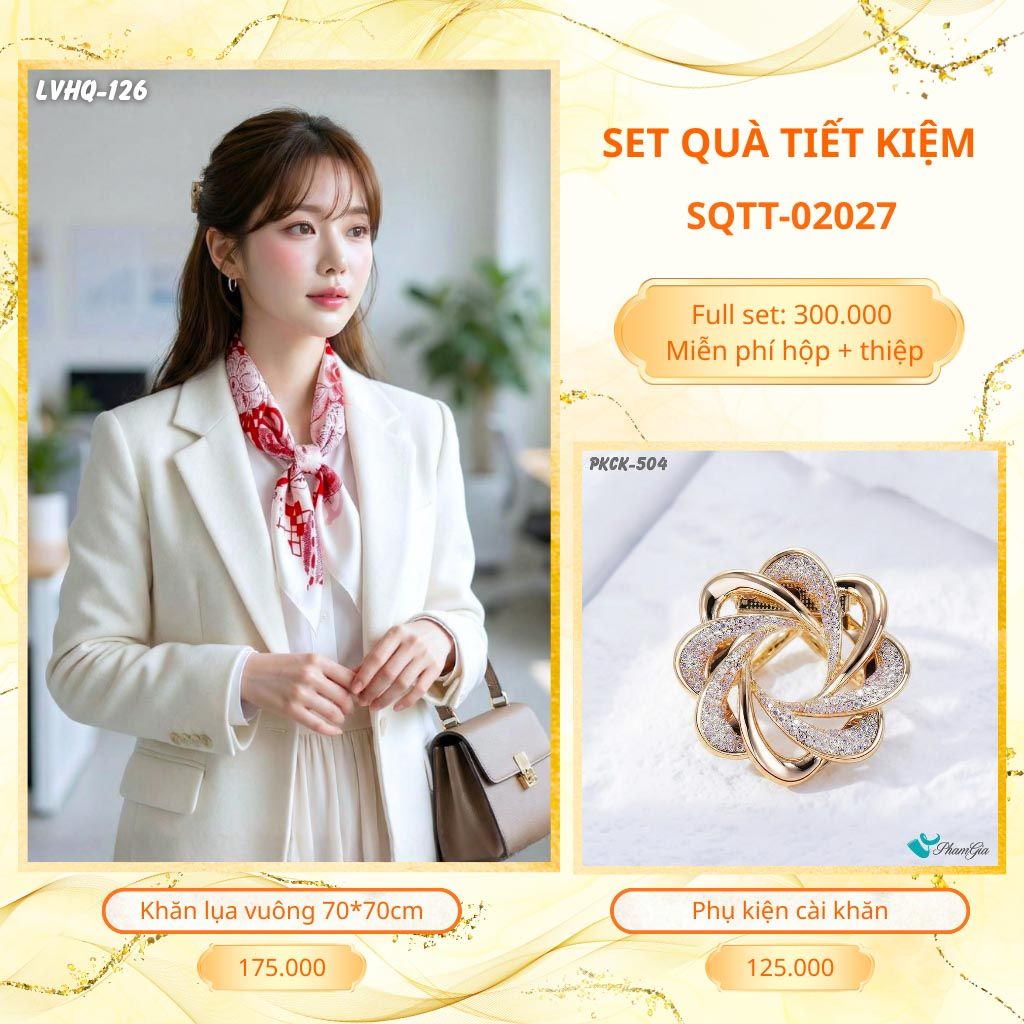 Set Quà Tặng Khăn Lụa Vuông 70*70cm Và Phụ Kiện Cài Khăn Tiết Kiệm (SQTT02027)