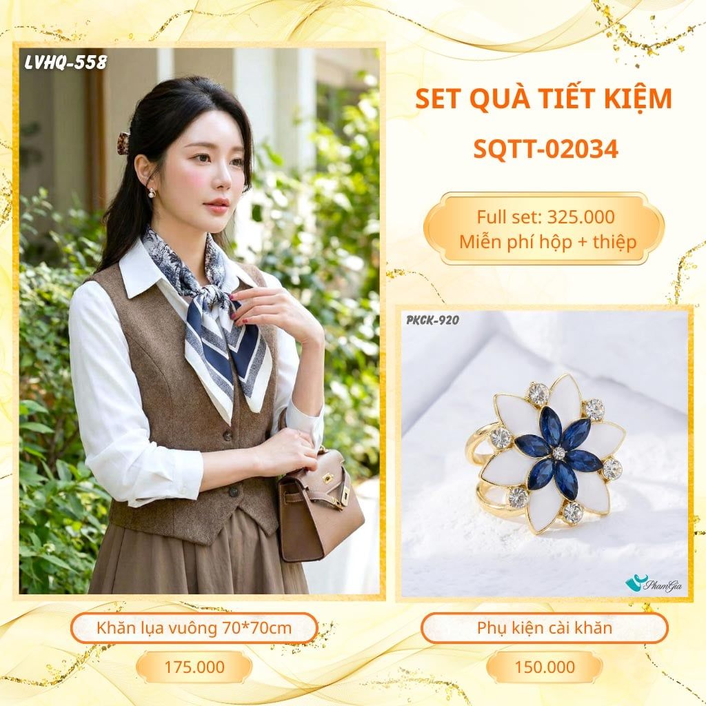 Set Quà Tặng Khăn Lụa Vuông 70*70cm Và Phụ Kiện Cài Khăn Tiết Kiệm (SQTT02034)
