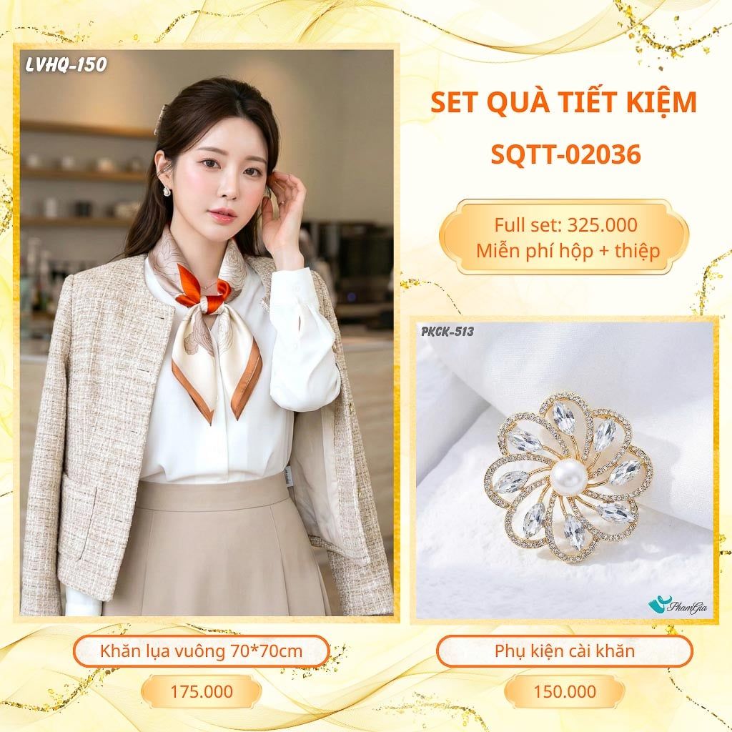 Set Quà Tặng Khăn Lụa Vuông 70*70cm Và Phụ Kiện Cài Khăn Tiết Kiệm (SQTT02036)