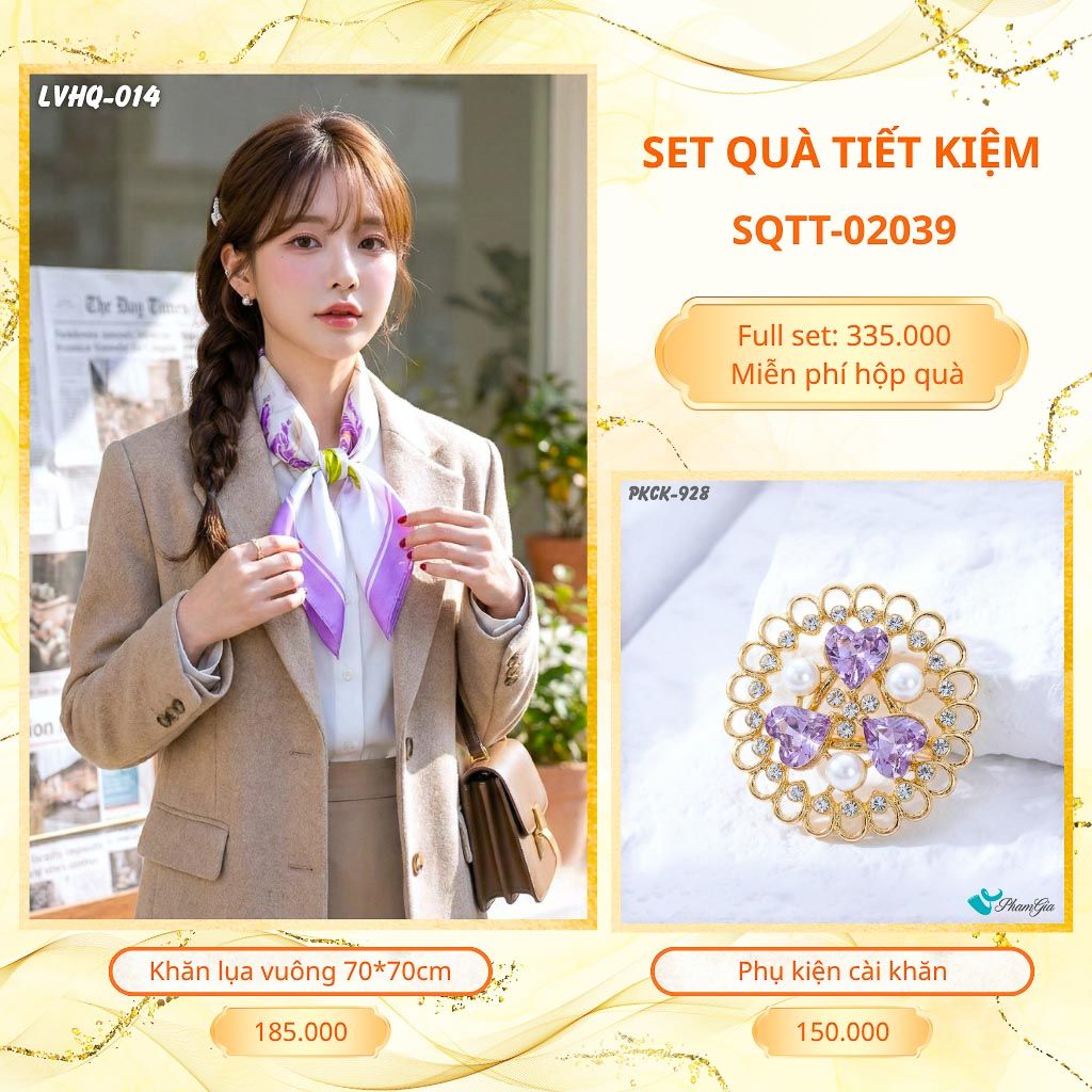 Set Quà Tặng Khăn Lụa Vuông 70*70cm Và Phụ Kiện Cài Khăn Tiết Kiệm (SQTT02039)